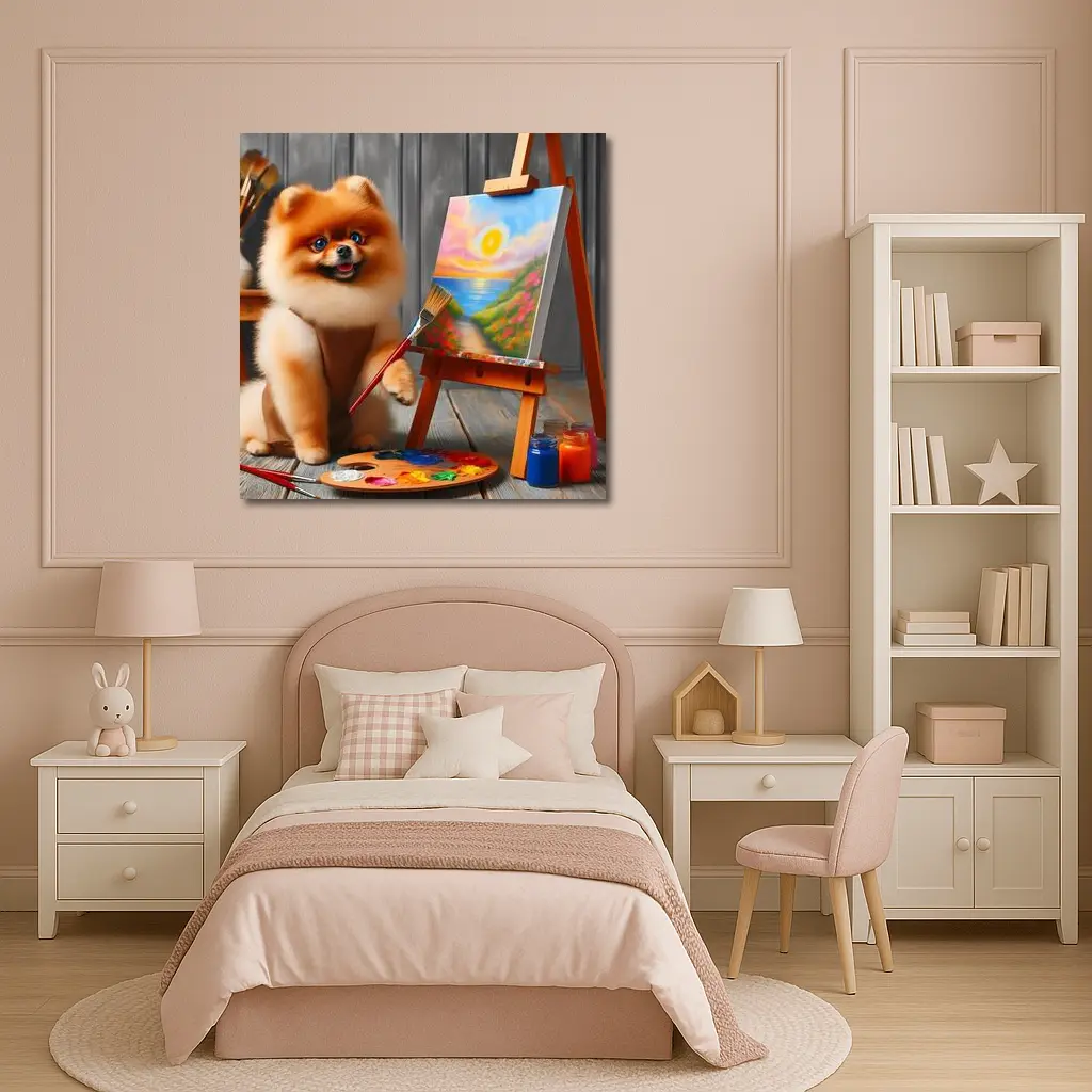 Pomeranian Dog Artist Painting on Easel – Wall Art