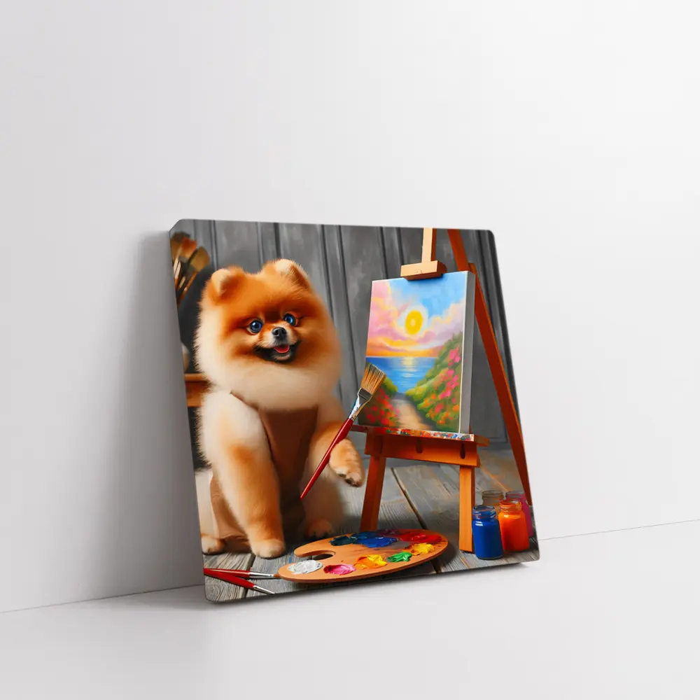 Pomeranian Dog Artist Painting on Easel – Wall Art