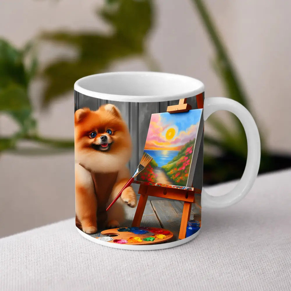 Pomeranian Dog Artist Painting on Easel – Mugs