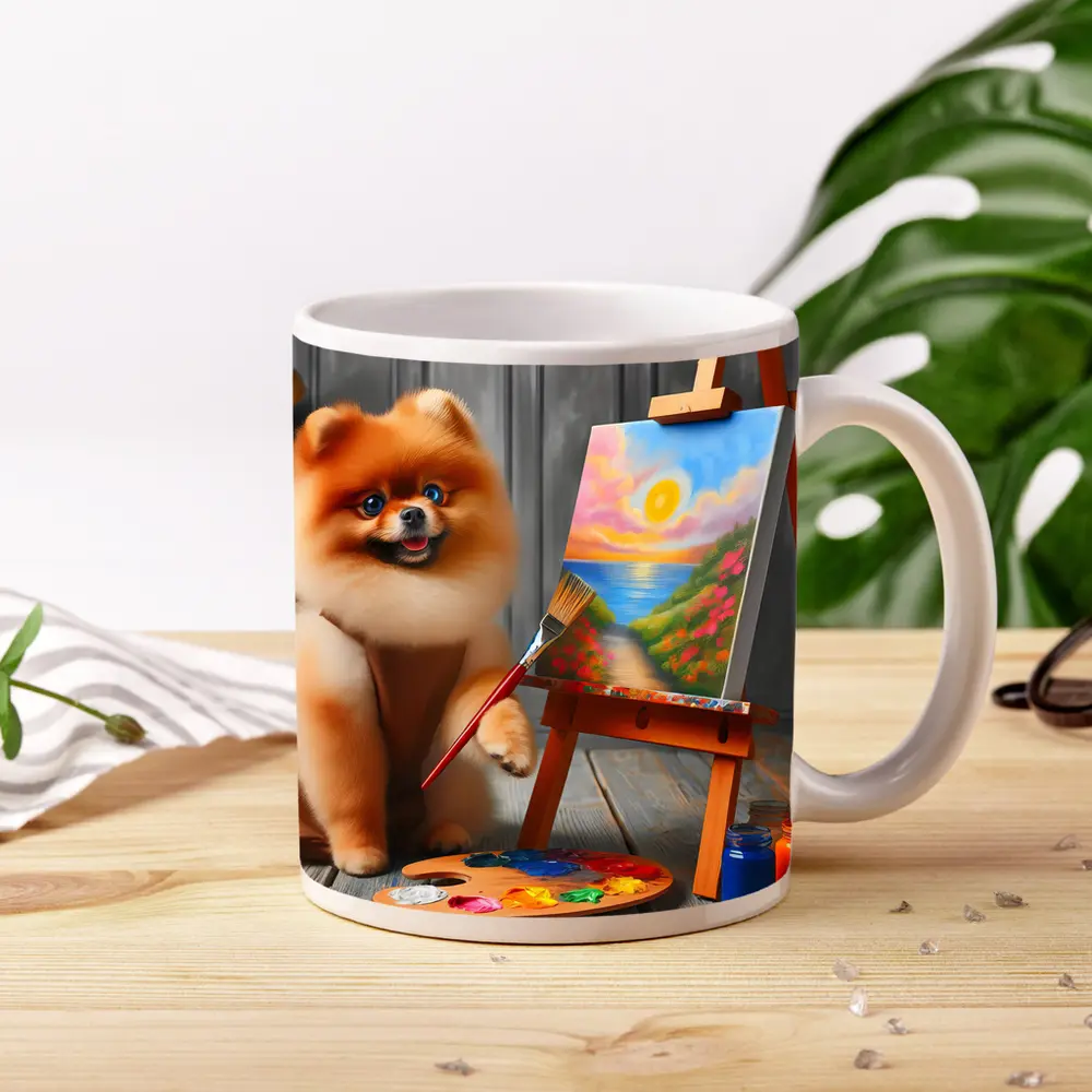 Pomeranian Dog Artist Painting on Easel – Mugs