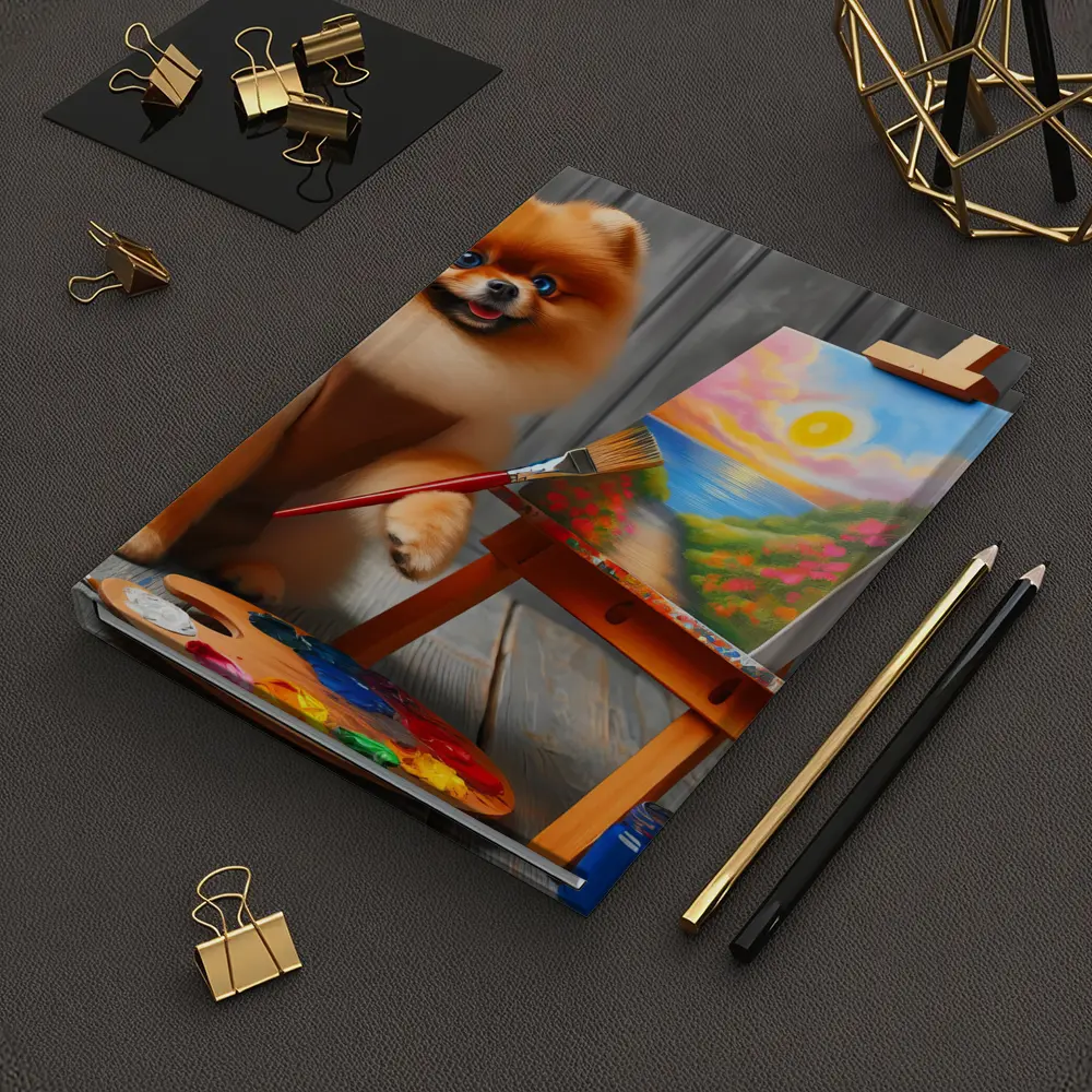 Pomeranian Dog Artist Painting on Easel – Notebooks