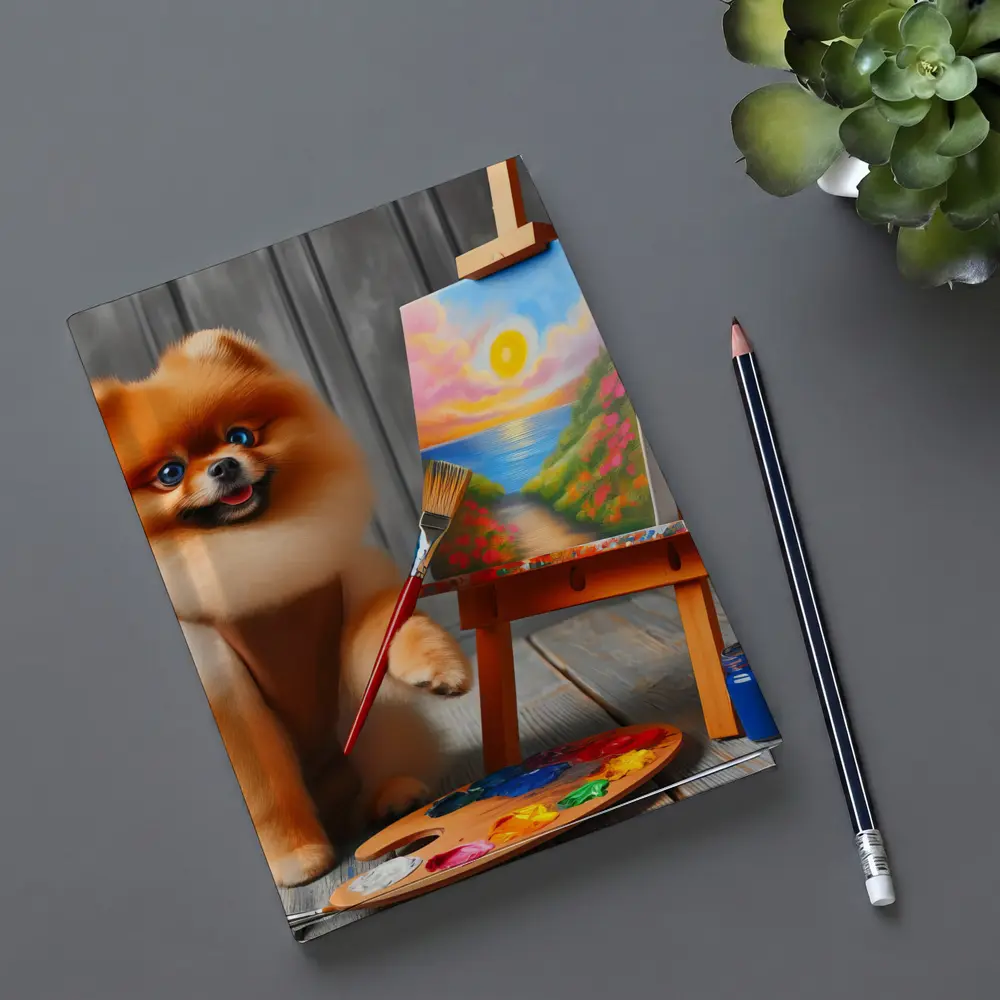 Pomeranian Dog Artist Painting on Easel – Notebooks