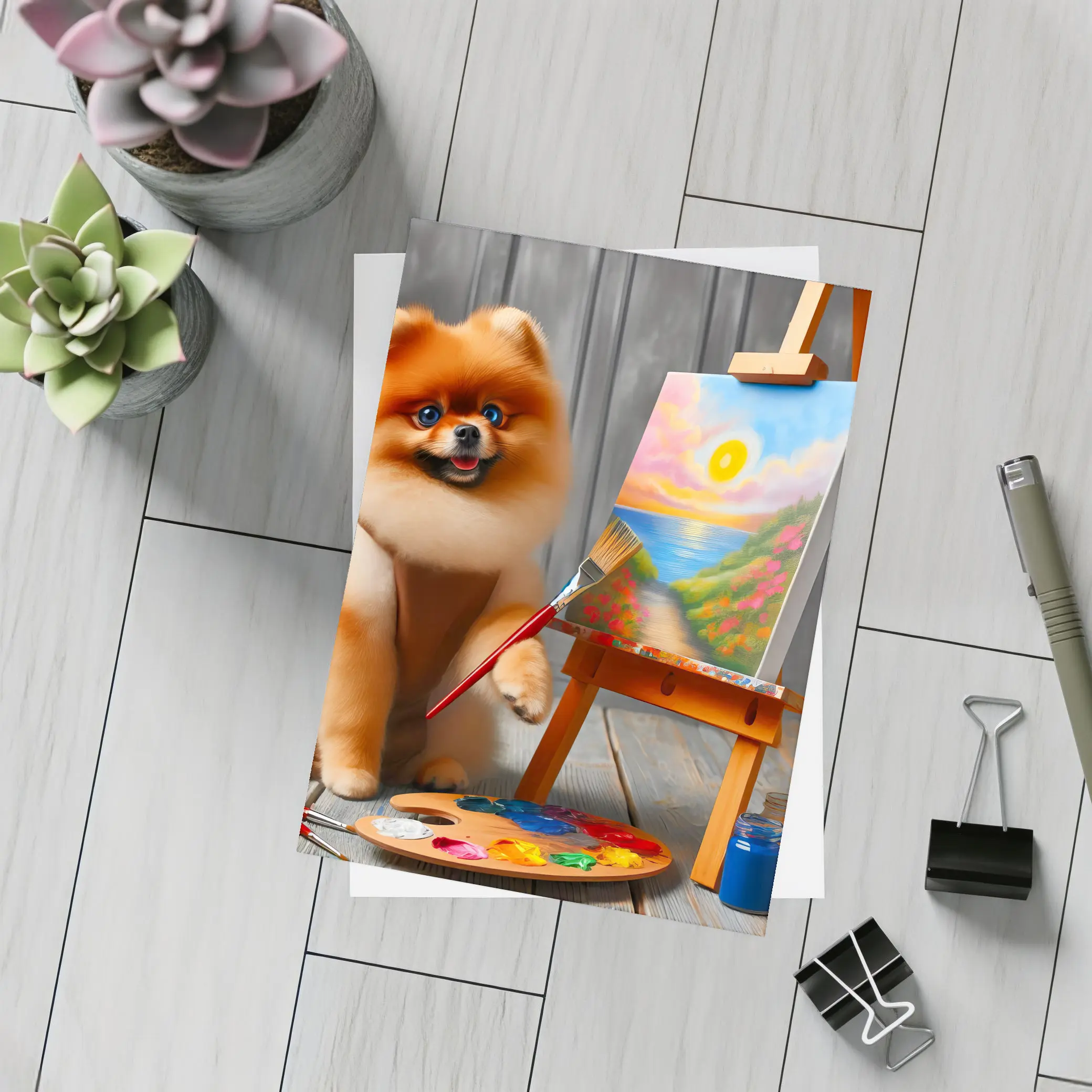 Pomeranian Dog Artist Painting on Easel – Postcards