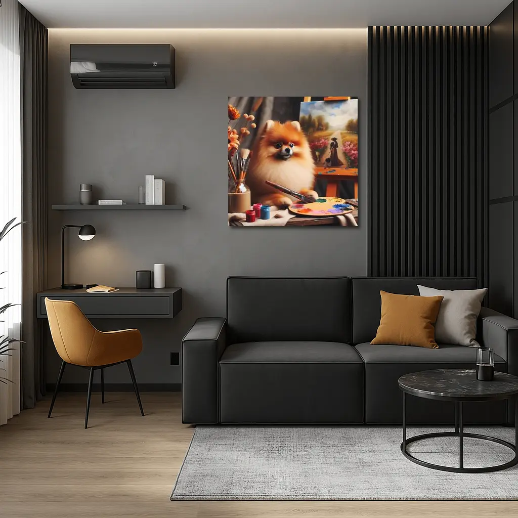 Pomeranian Artist Painting On Studio Easel – Wall Art