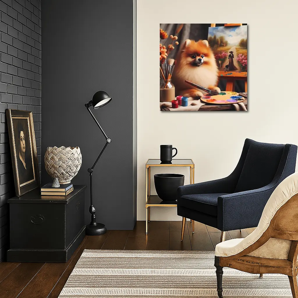 Pomeranian Artist Painting On Studio Easel – Wall Art