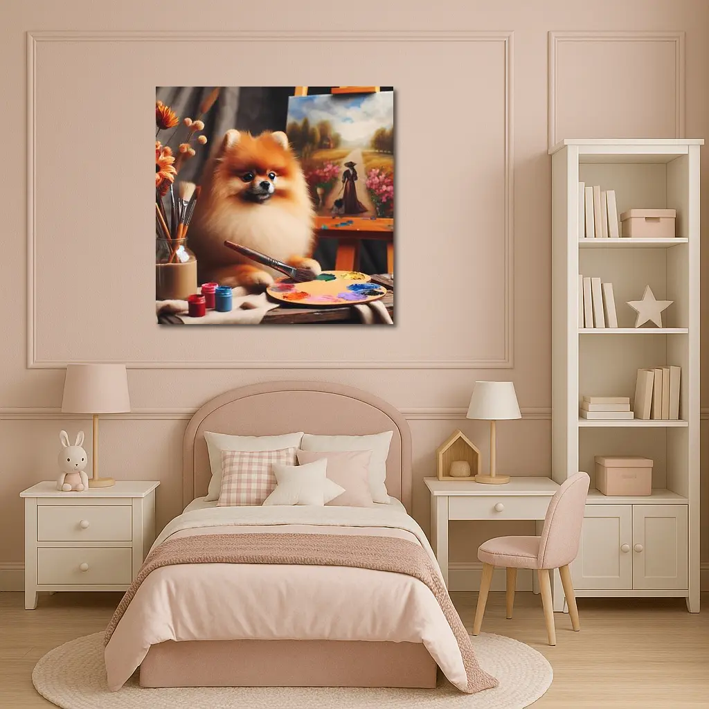 Pomeranian Artist Painting On Studio Easel – Wall Art