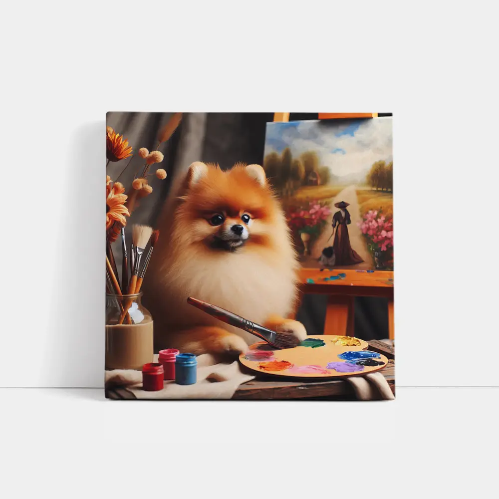 Pomeranian Artist Painting On Studio Easel – Wall Art