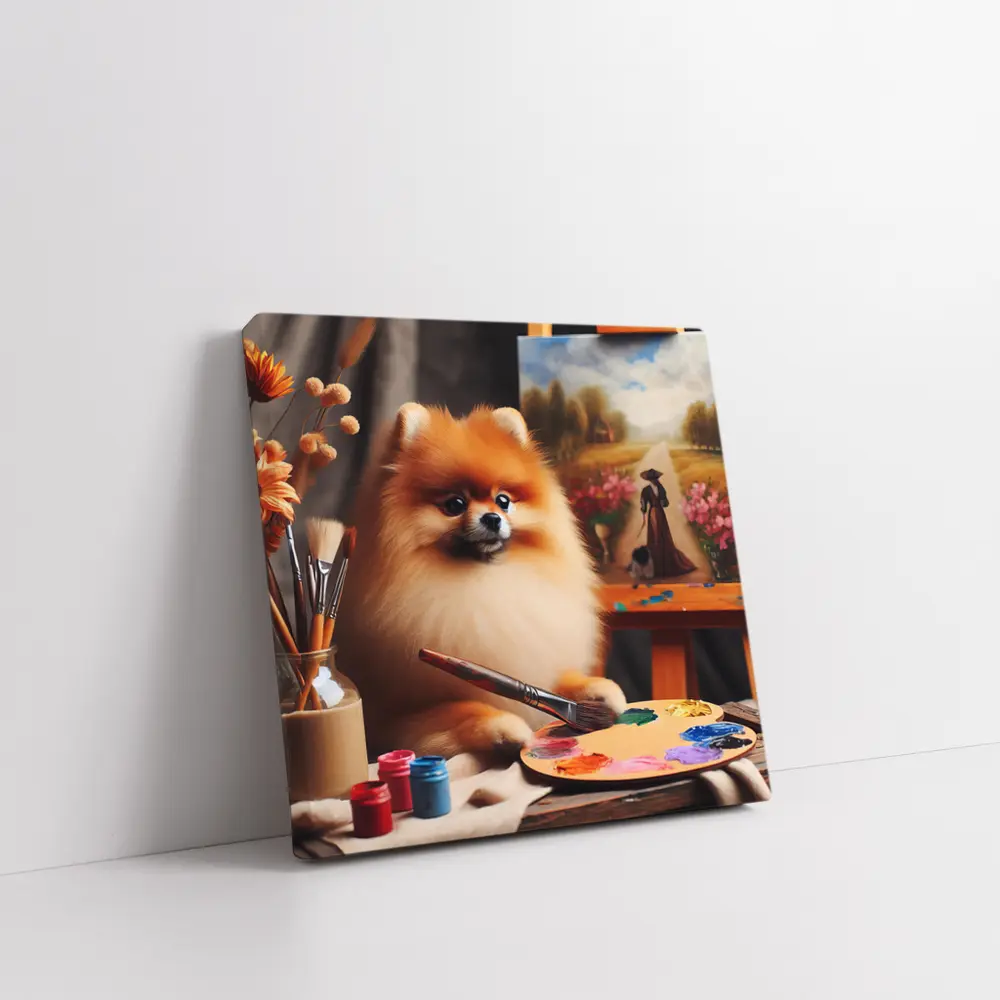 Pomeranian Artist Painting On Studio Easel – Wall Art