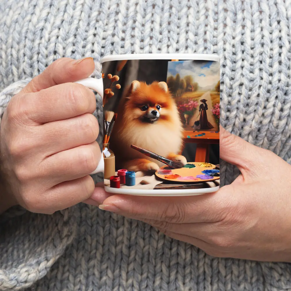 Pomeranian Artist Painting On Studio Easel – Mugs