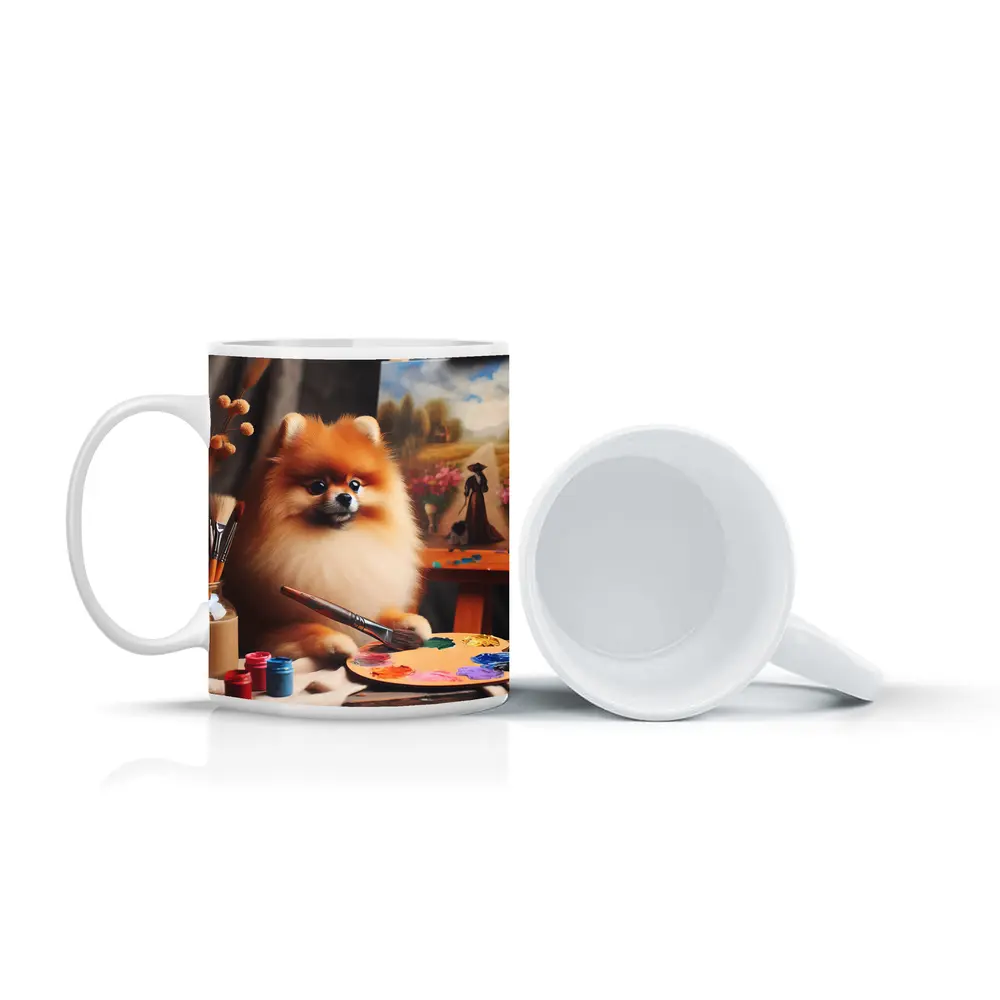 Pomeranian Artist Painting On Studio Easel – Mugs