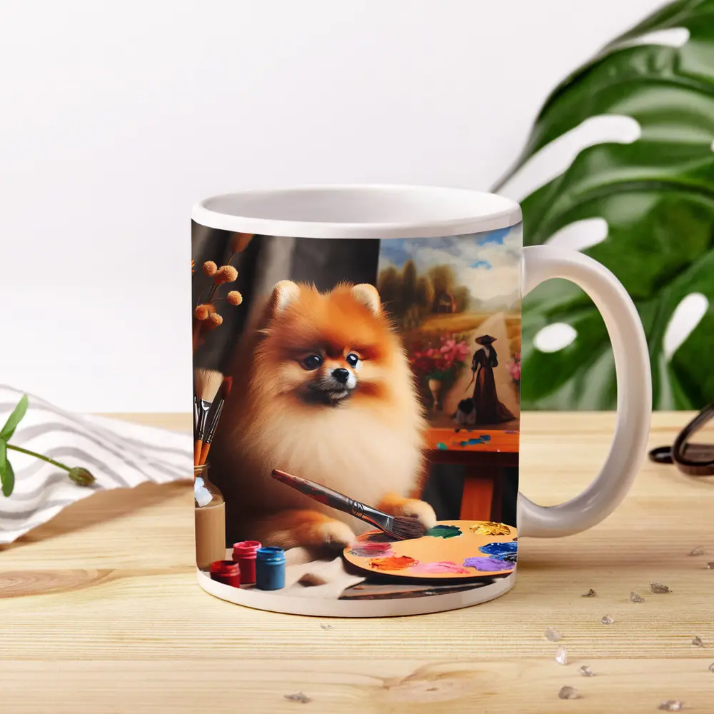 Pomeranian Artist Painting On Studio Easel – Mugs