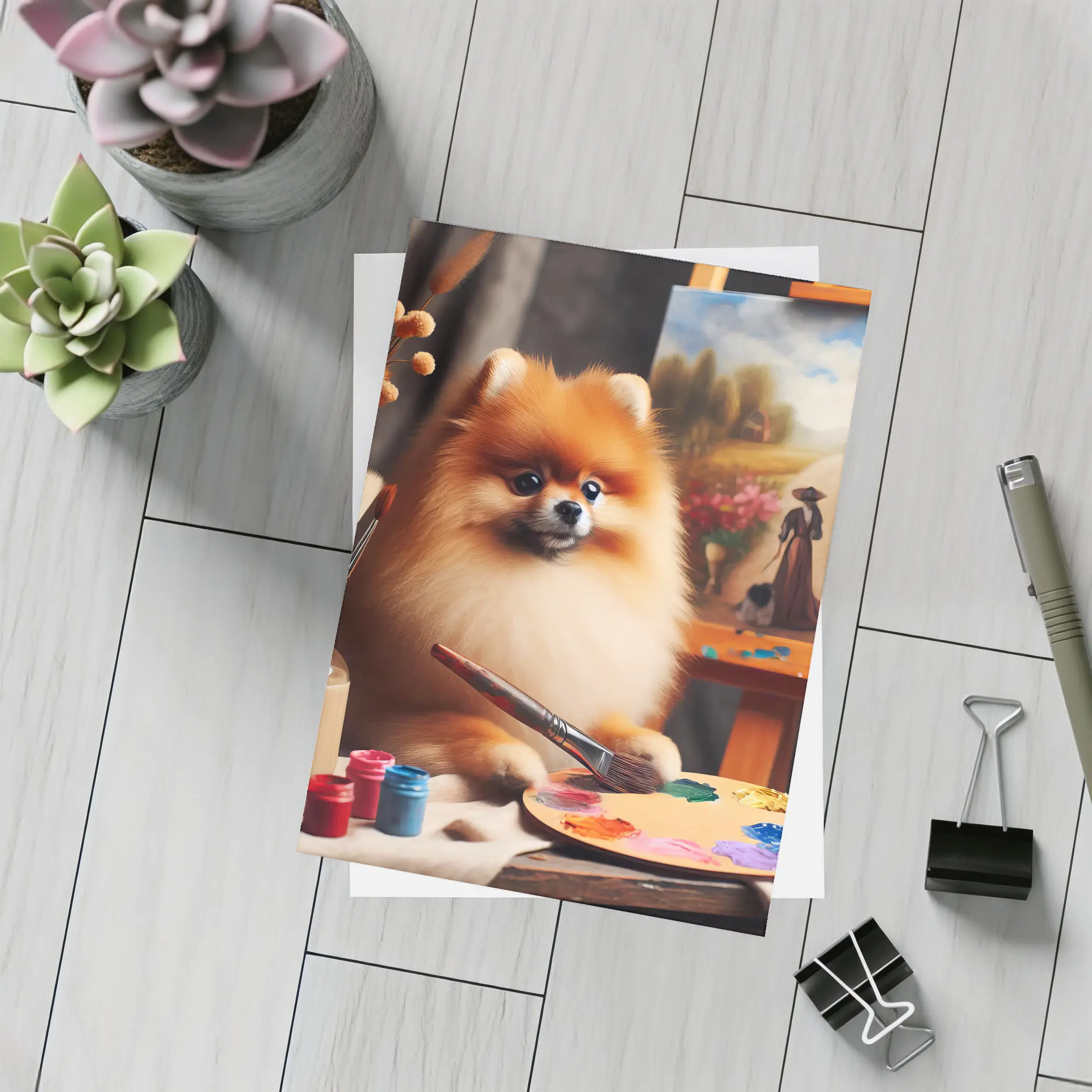 Pomeranian Artist Painting On Studio Easel – Postcards