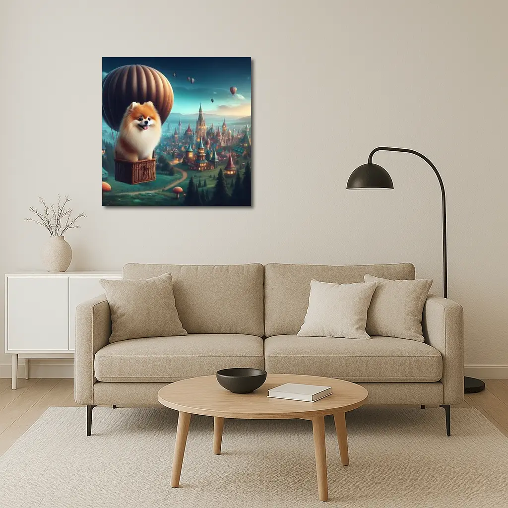 Pomeranian Dog Hot Air Balloon Fantasy City – Wall Art