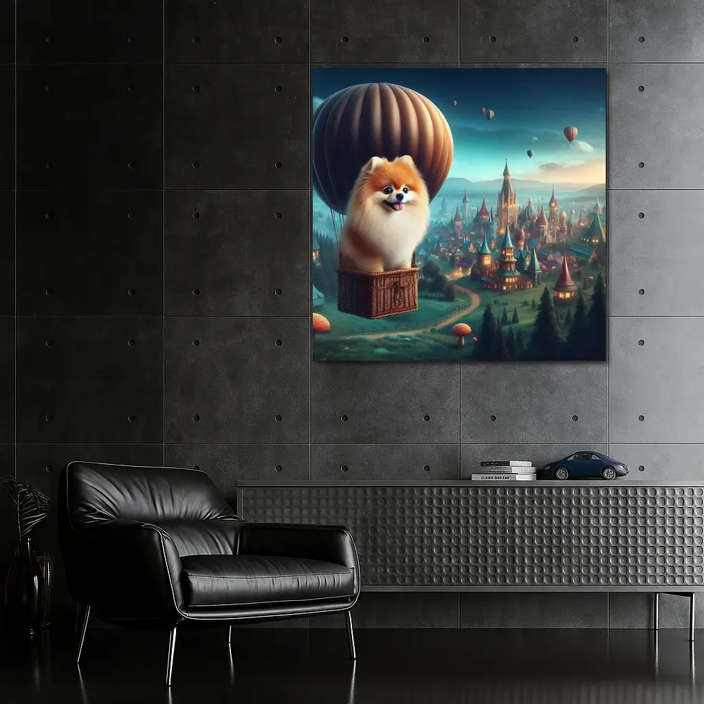 Pomeranian Dog Hot Air Balloon Fantasy City – Wall Art