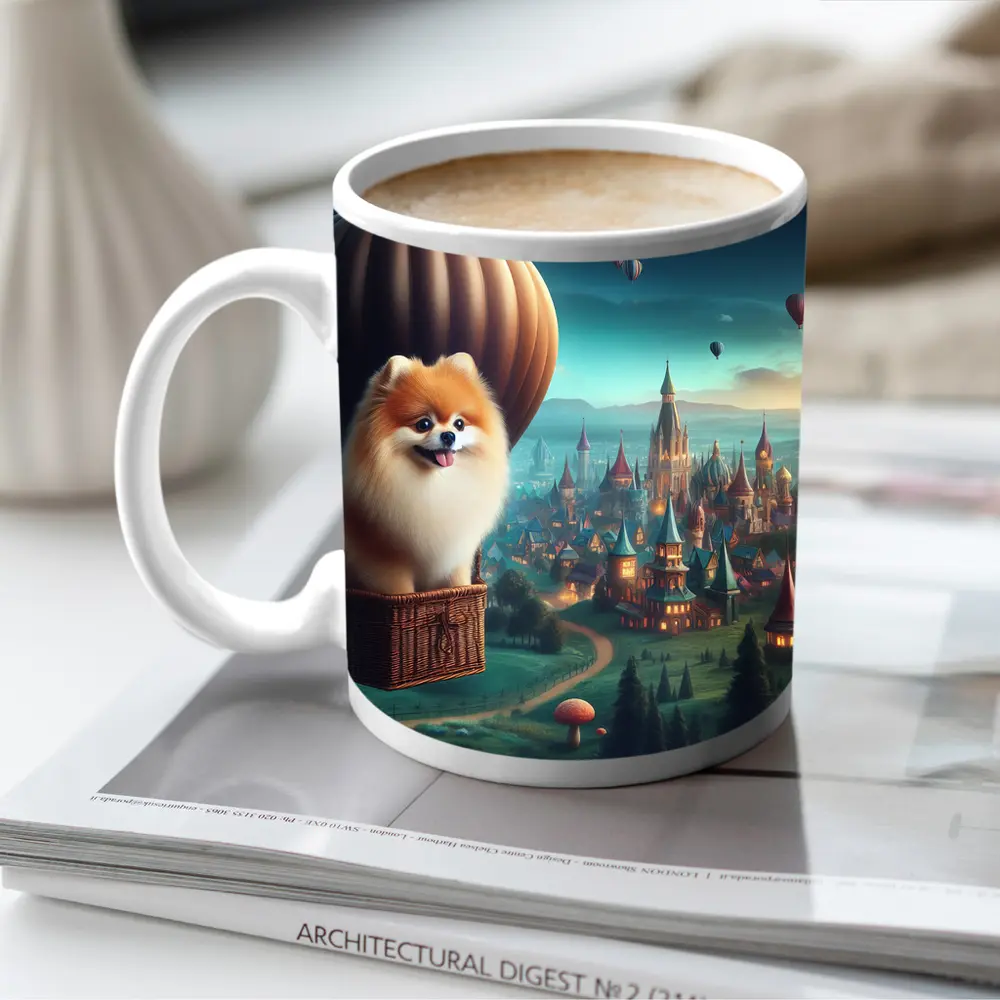 Pomeranian Dog Hot Air Balloon Fantasy City – Mugs