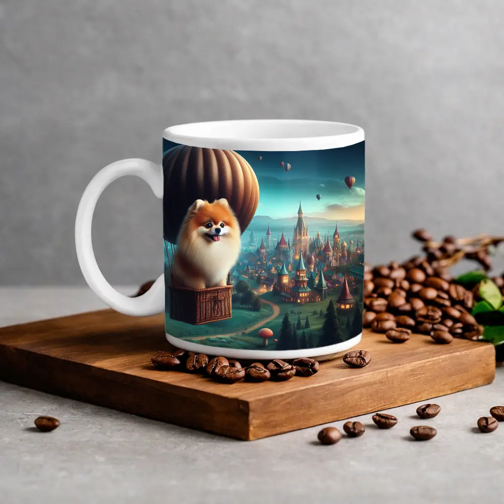 Pomeranian Dog Hot Air Balloon Fantasy City – Mugs