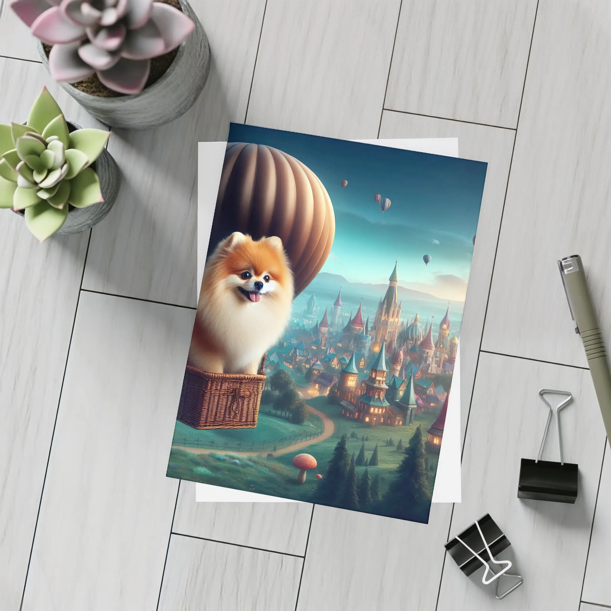 Pomeranian Dog Hot Air Balloon Fantasy City – Postcards