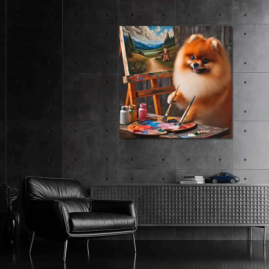 Pomeranian Artist Painting on Wooden Easel – Wall Art