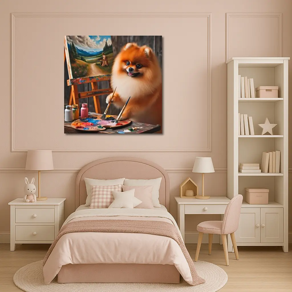 Pomeranian Artist Painting on Wooden Easel – Wall Art