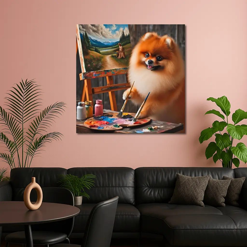 Pomeranian Artist Painting on Wooden Easel – Wall Art