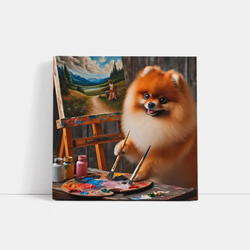 Pomeranian Artist Painting on Wooden Easel – Wall Art