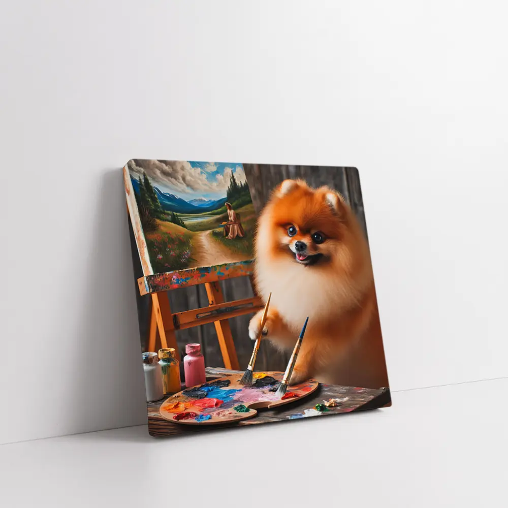 Pomeranian Artist Painting on Wooden Easel – Wall Art