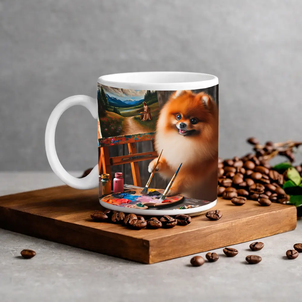 Pomeranian Artist Painting on Wooden Easel – Mugs