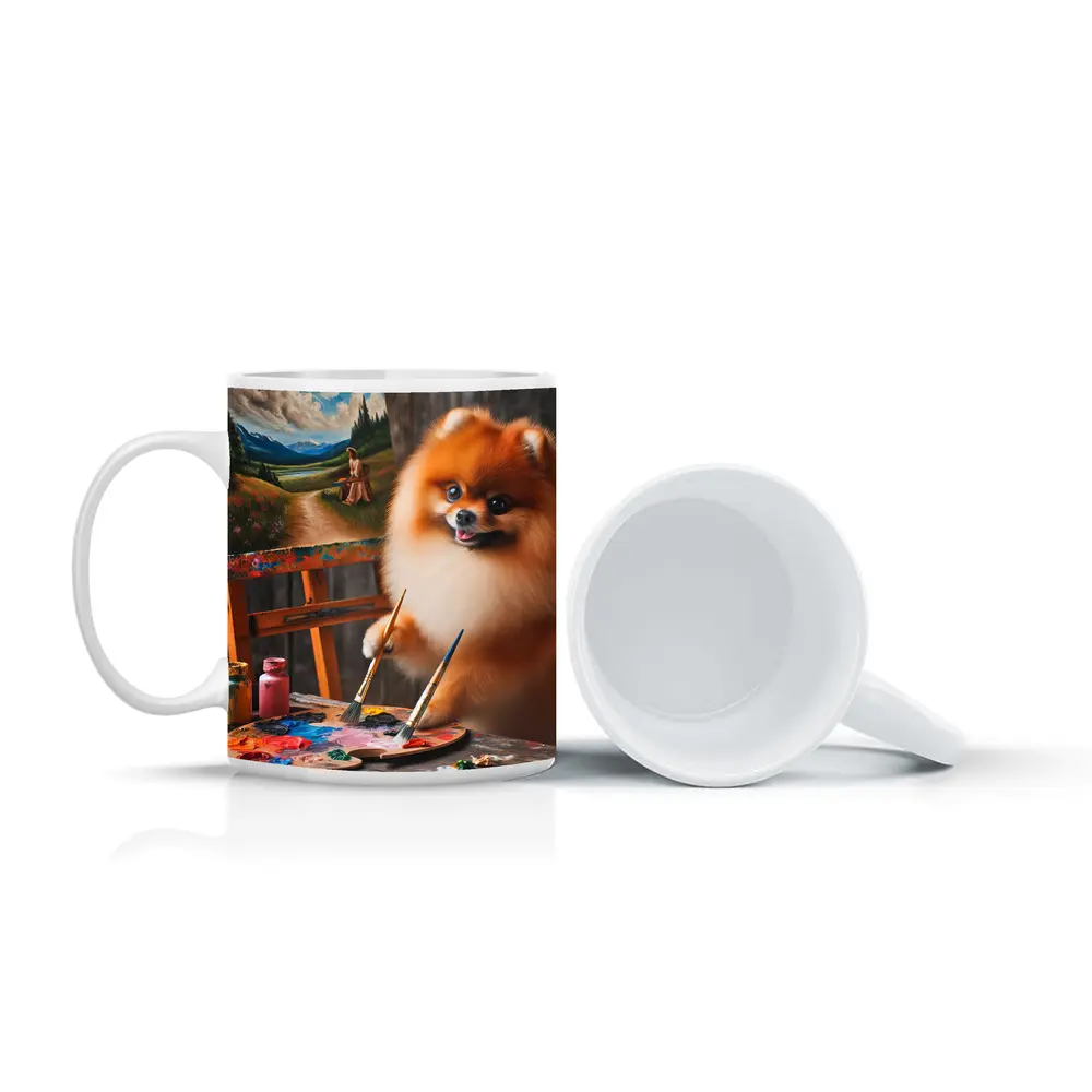 Pomeranian Artist Painting on Wooden Easel – Mugs