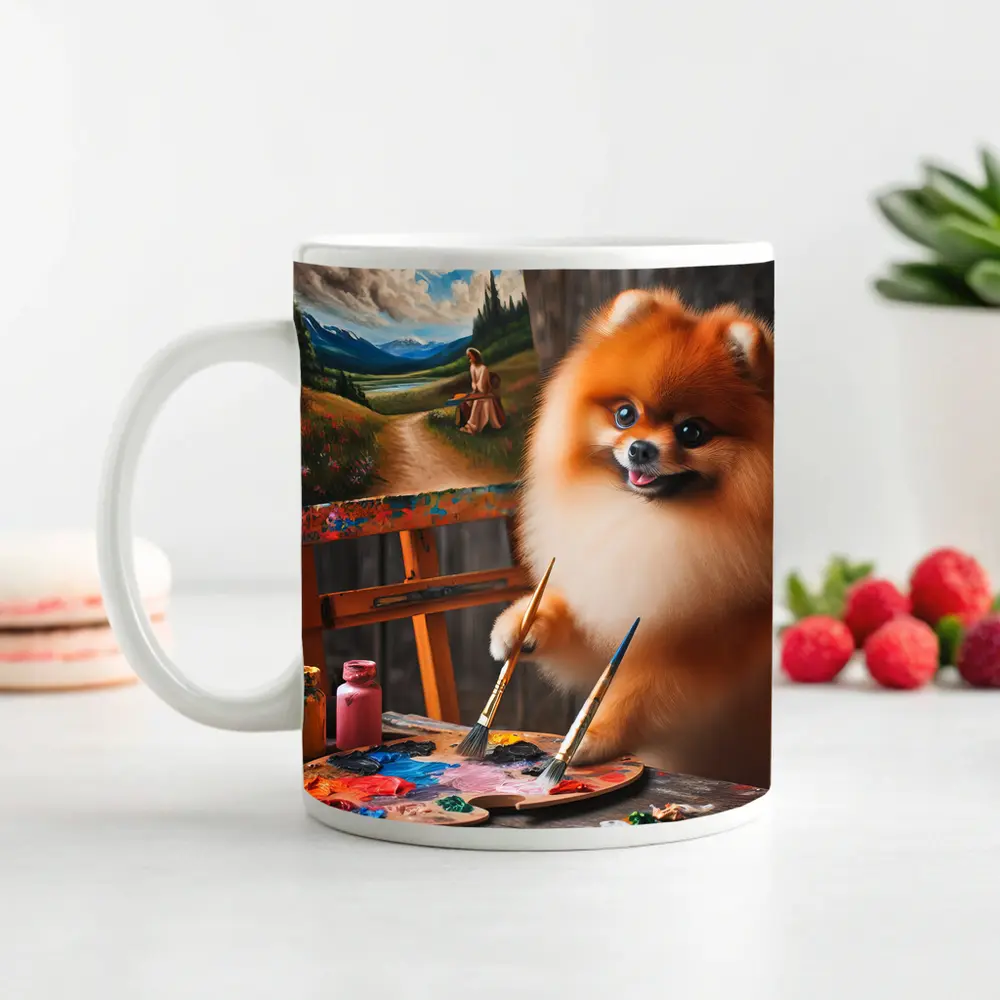 Pomeranian Artist Painting on Wooden Easel – Mugs