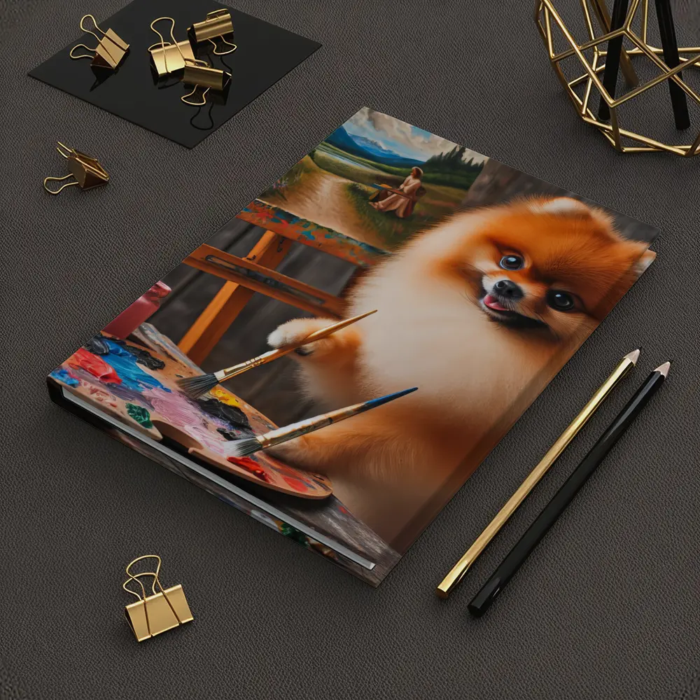 Pomeranian Artist Painting on Wooden Easel – Notebooks