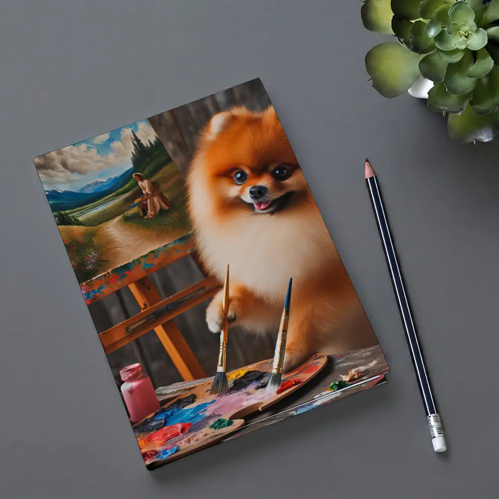 Pomeranian Artist Painting on Wooden Easel – Notebooks