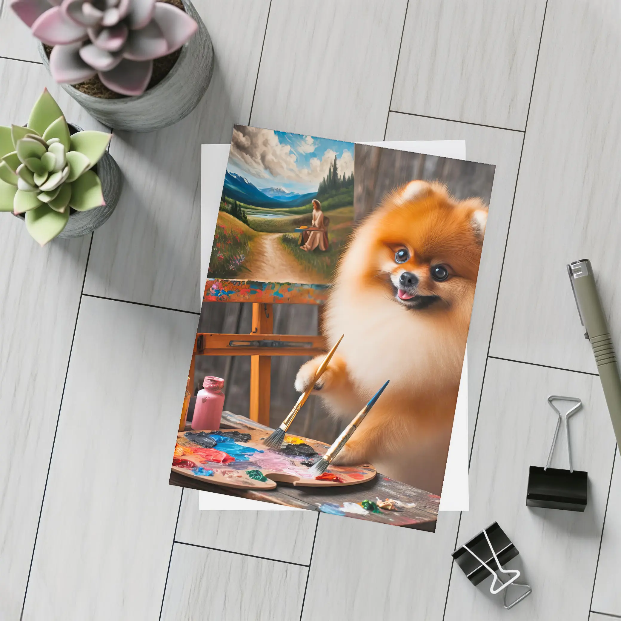 Pomeranian Artist Painting on Wooden Easel – Postcards