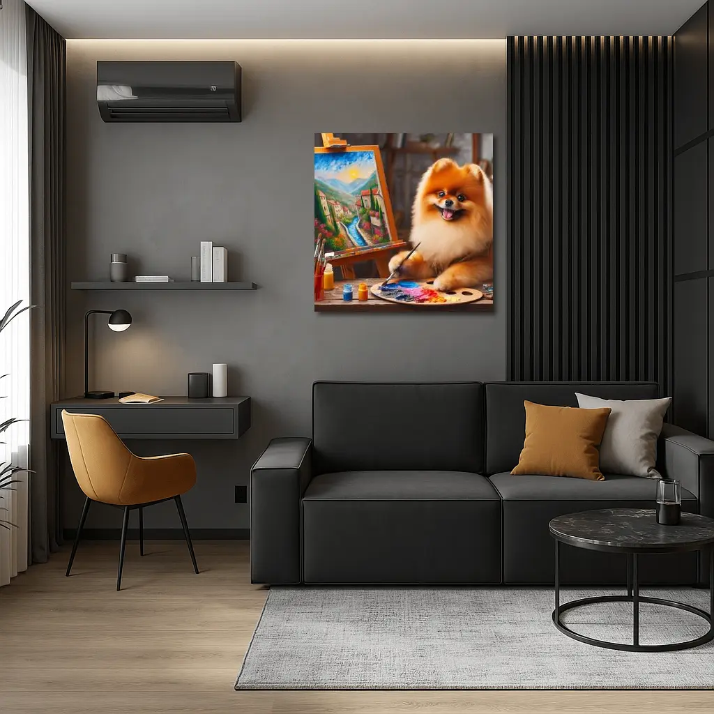 Pomeranian Artist Painting on Wooden Easel – Wall Art