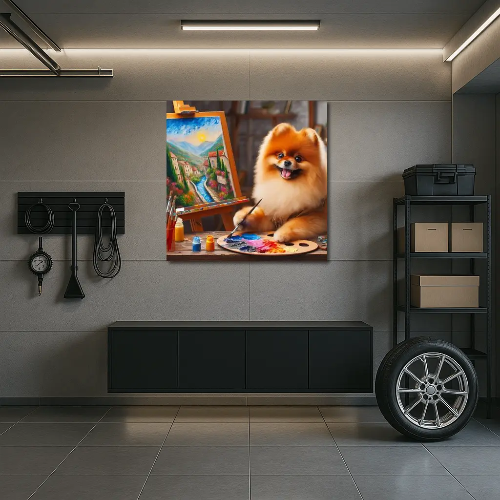 Pomeranian Artist Painting on Wooden Easel – Wall Art