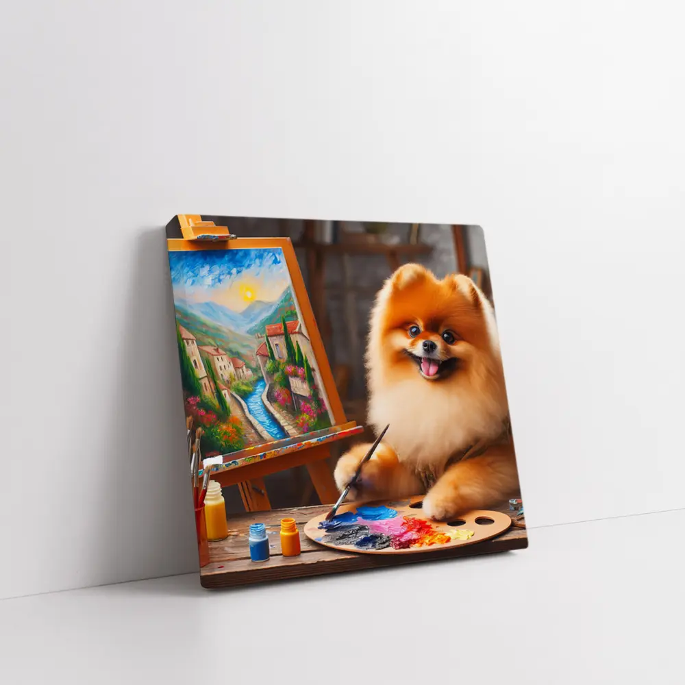 Pomeranian Artist Painting on Wooden Easel – Wall Art