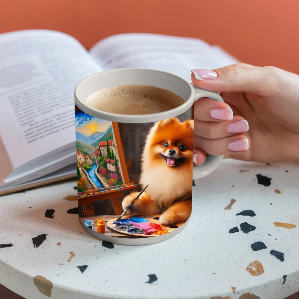 Pomeranian Artist Painting on Wooden Easel – Mugs