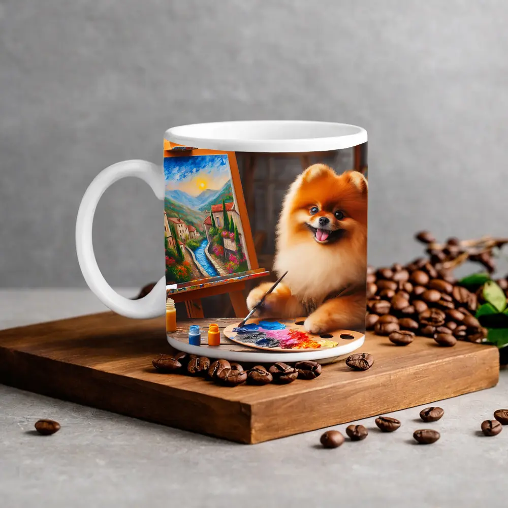 Pomeranian Artist Painting on Wooden Easel – Mugs