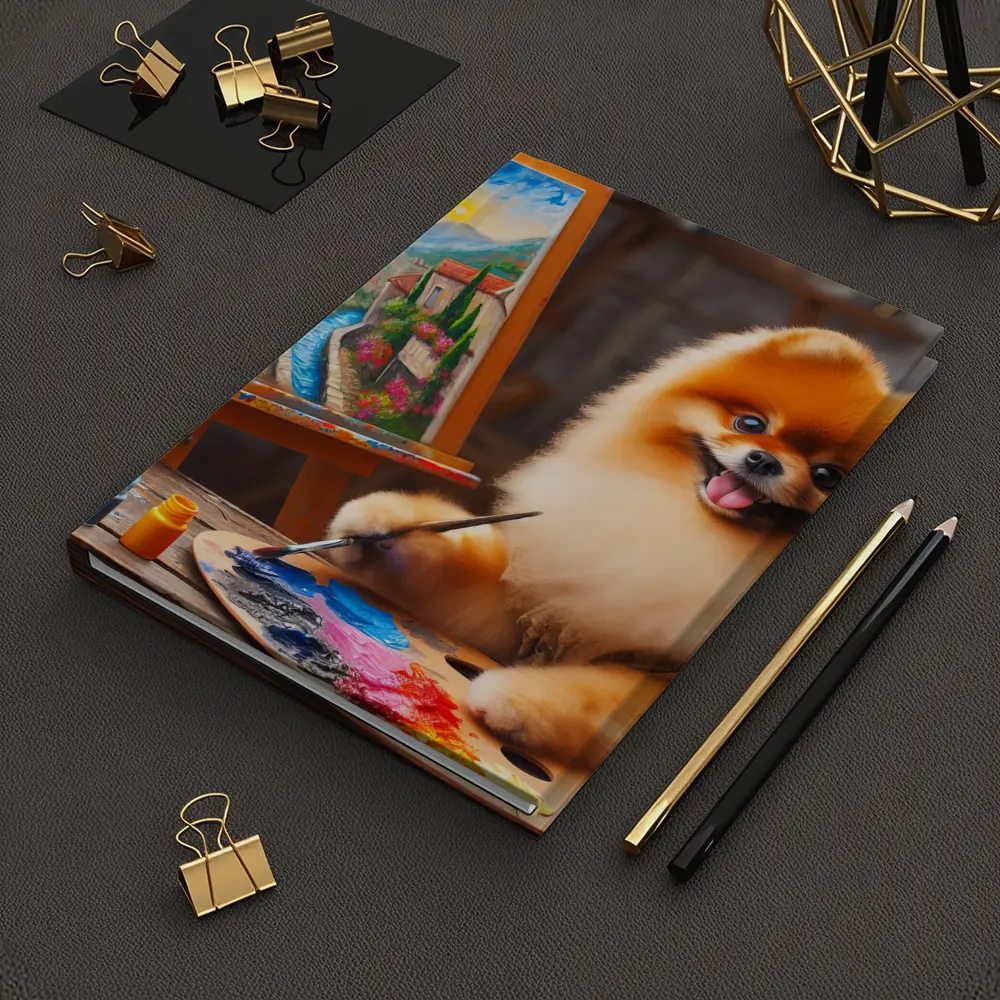 Pomeranian Artist Painting on Wooden Easel – Notebooks