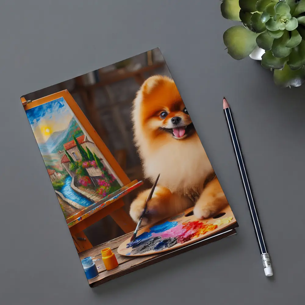 Pomeranian Artist Painting on Wooden Easel – Notebooks