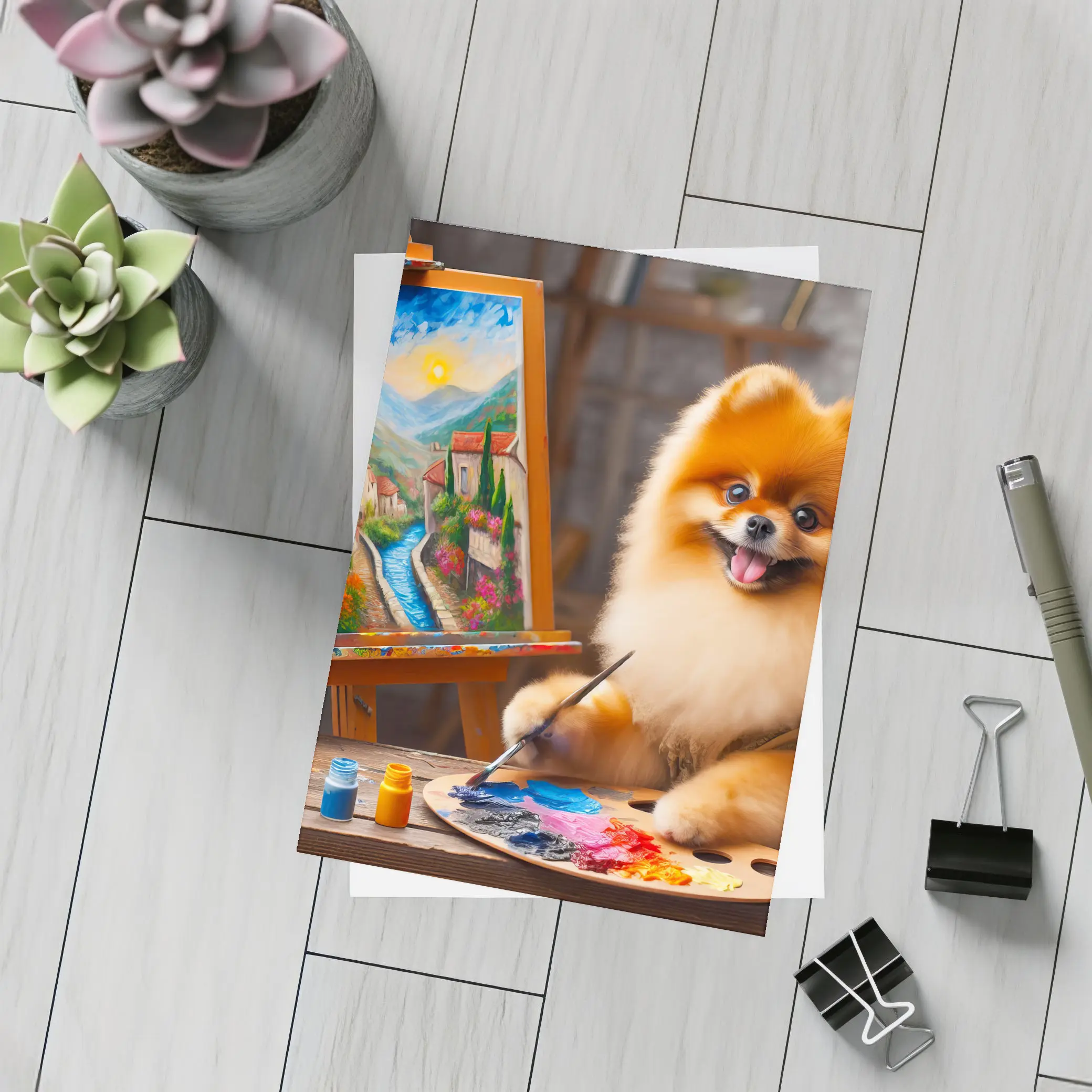 Pomeranian Artist Painting on Wooden Easel – Postcards