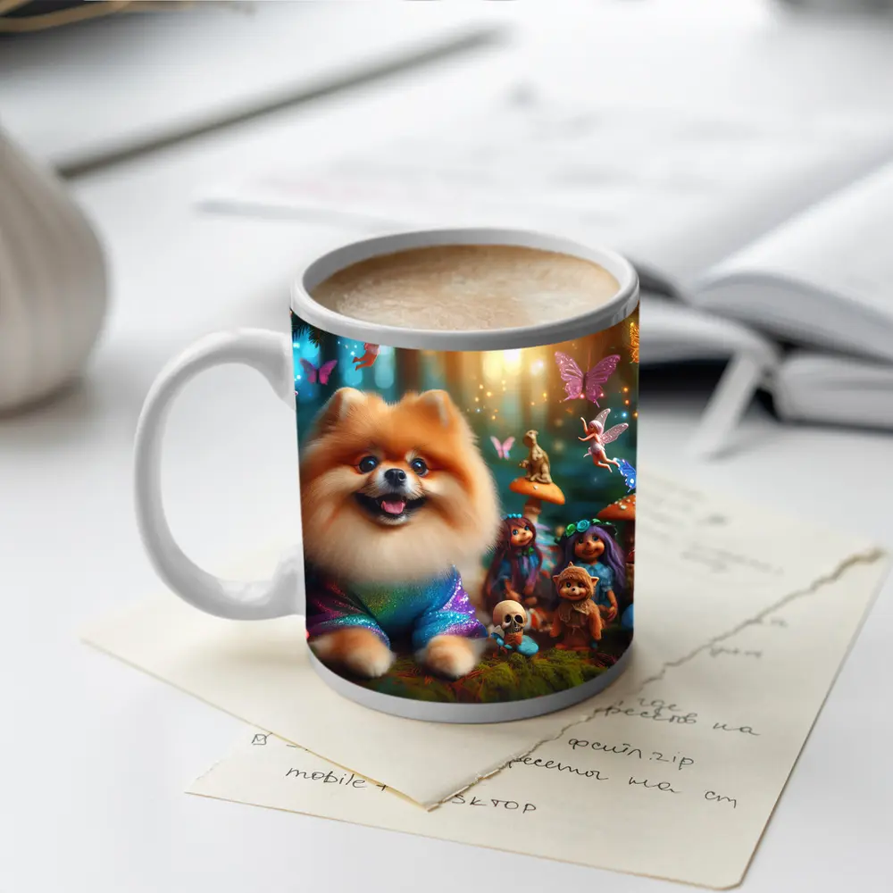 Pomeranian Dog Fantasy Forest Fairy Scene – Mugs