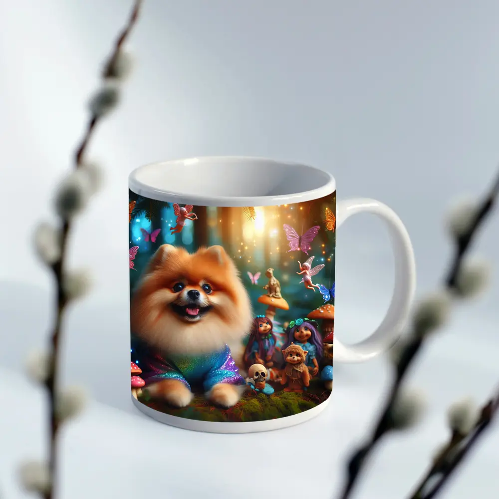 Pomeranian Dog Fantasy Forest Fairy Scene – Mugs