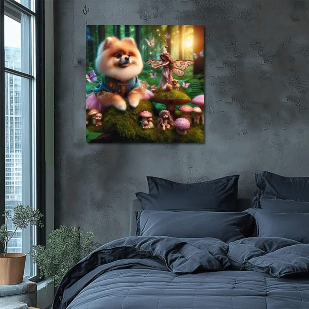 Pomeranian Dog Fairy Forest Fantasy Scene – Wall Art