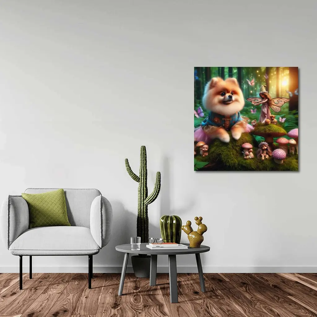 Pomeranian Dog Fairy Forest Fantasy Scene – Wall Art