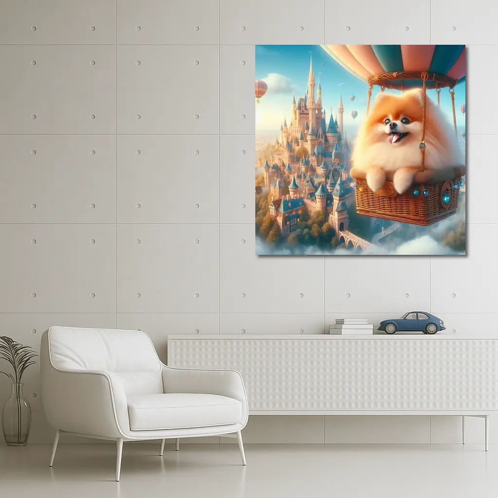 Pomeranian Dog Flying Hot Air Balloon Castle – Wall Art