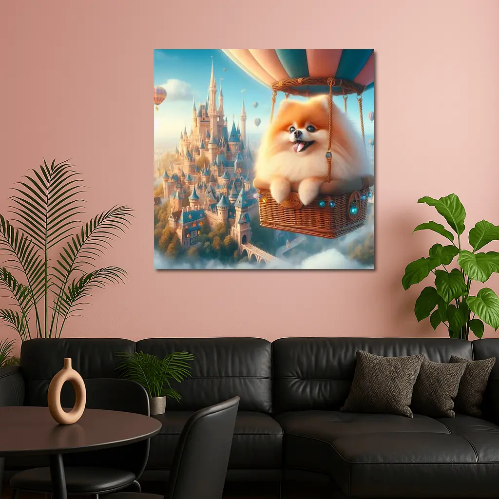Pomeranian Dog Flying Hot Air Balloon Castle – Wall Art