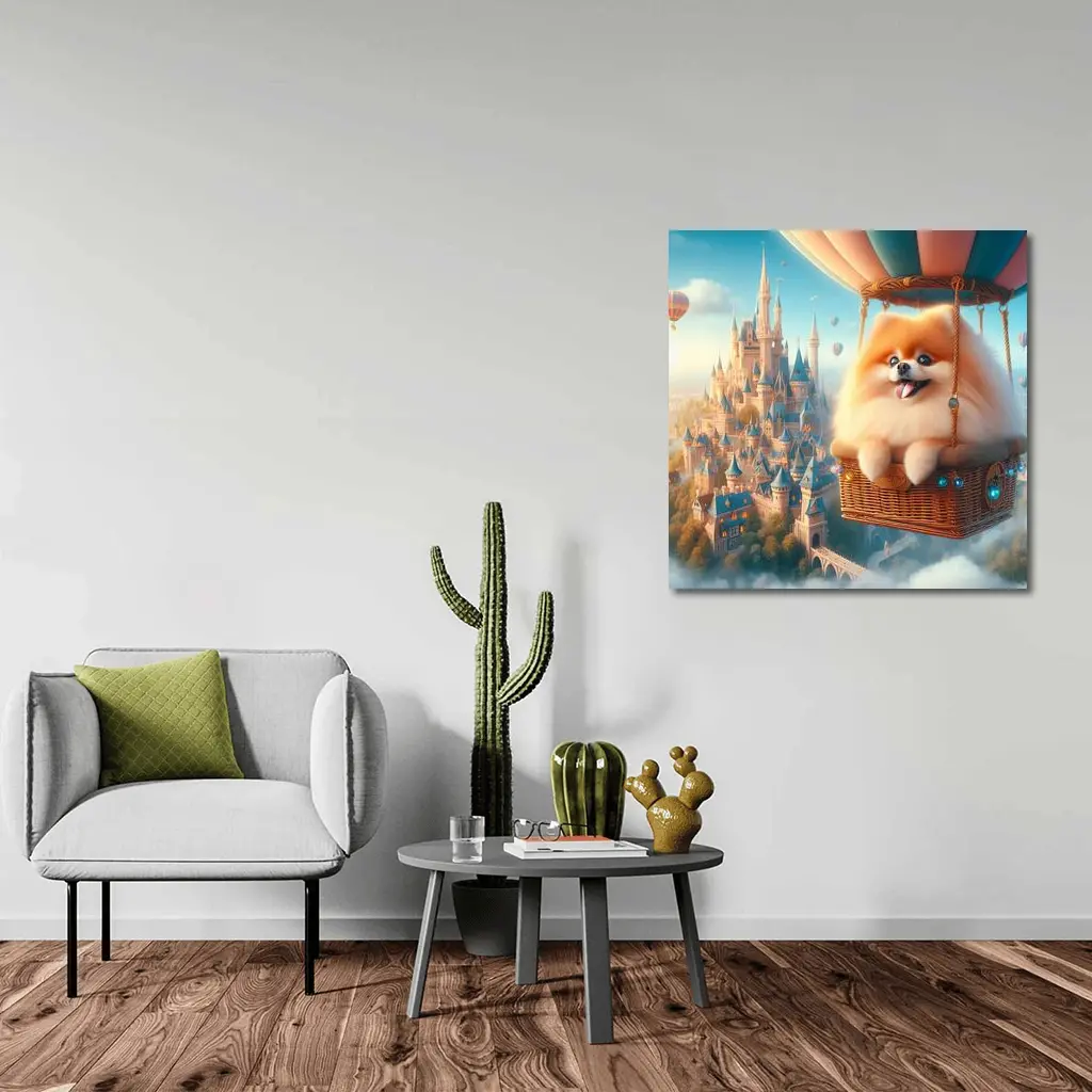 Pomeranian Dog Flying Hot Air Balloon Castle – Wall Art