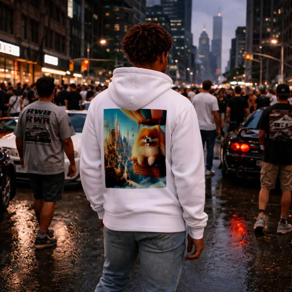 Pomeranian Dog Flying Hot Air Balloon Castle – Hoodies