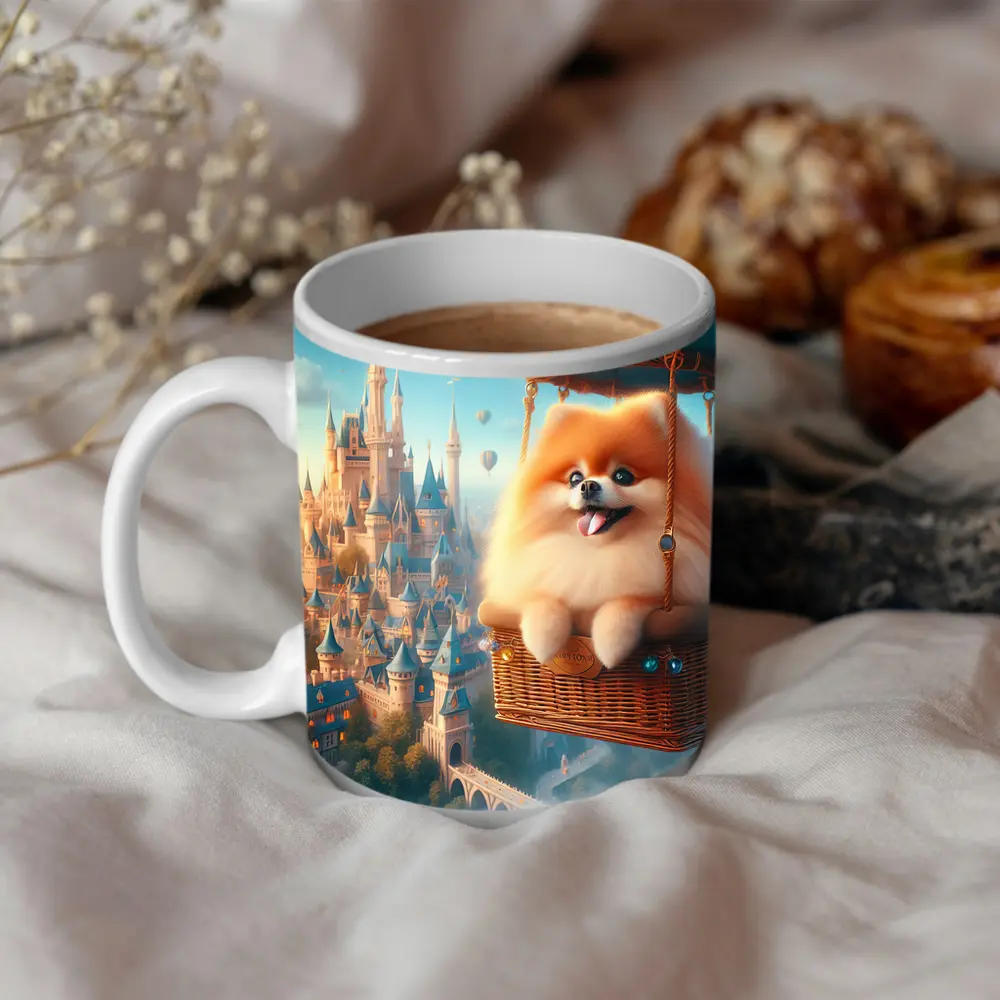 Pomeranian Dog Flying Hot Air Balloon Castle – Mugs