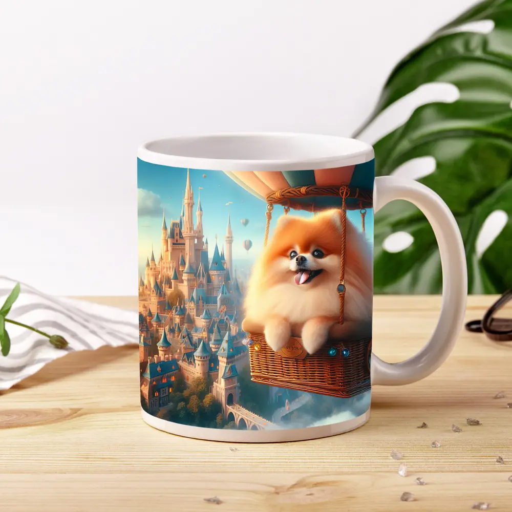 Pomeranian Dog Flying Hot Air Balloon Castle – Mugs